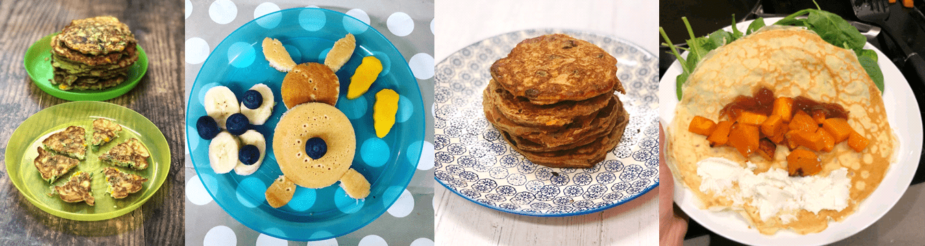Baby Breakfast Ideas - Pancake examples including pancakes made with courgette, a pancake made in the shape of a bunny with banana and blueberries for decoration, pancake made with sweetcorn and carrot and a plain pancake topped with sweet potato and yoghurt
