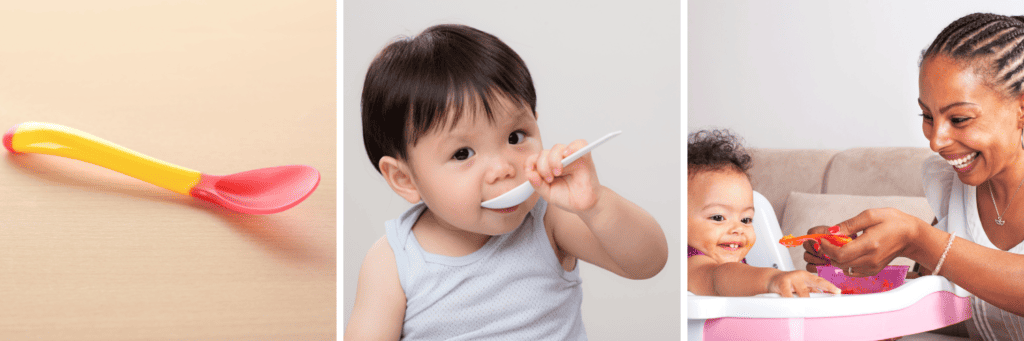 Example of a baby using a plastic spoon and being offered food from their mother on a plastic spoon