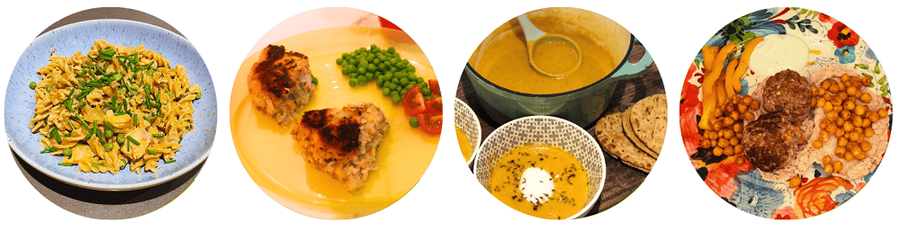 Lunch and Tea Ideas: Salmon and pea pasta, salmon fishcakes, spiced carrot and lentil soup, and spiced lamb koftas.